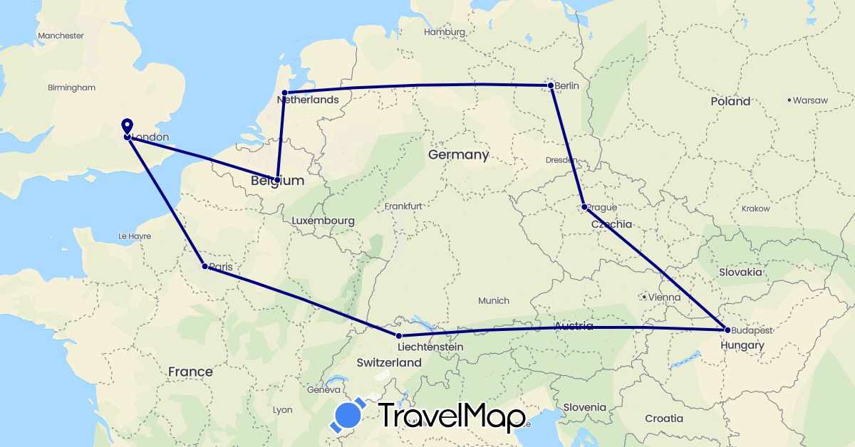 TravelMap itinerary: driving in Belgium, Switzerland, Czech Republic, Germany, France, United Kingdom, Hungary, Netherlands (Europe)