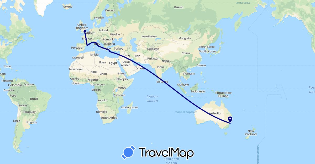 TravelMap itinerary: driving in United Arab Emirates, Australia, Spain, United Kingdom, Greece, Italy, Monaco (Asia, Europe, Oceania)